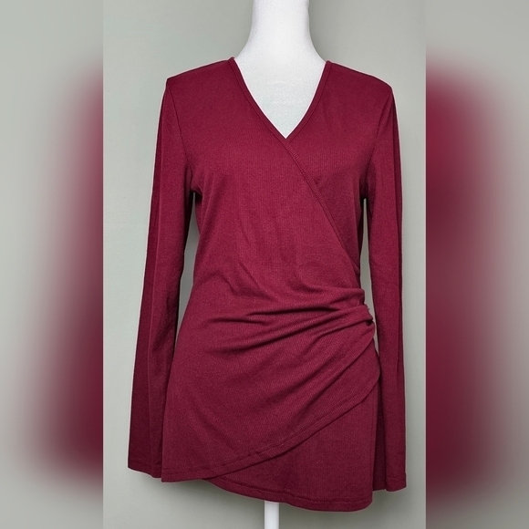 Womens BURGUNDY V Neck Asymmetrical Three Button Sexy Slim Fit Long Sleeve MED - Picture 2 of 7